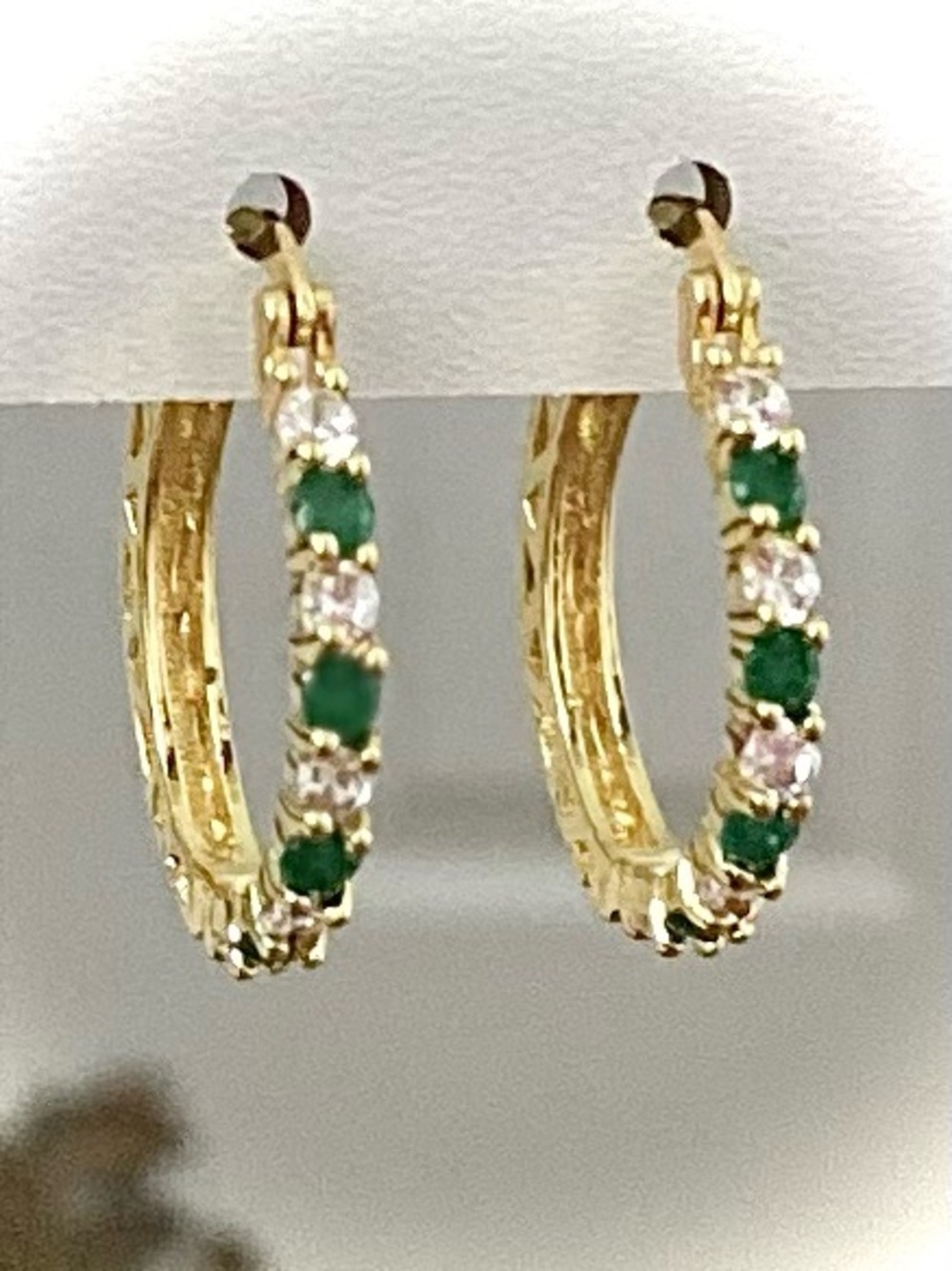 Emerald Green and White CZs in Gold Tone Hoop Earrings